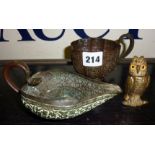 Antique bronze oil lamp, heavily decorated bronze cup (A/F), and a match holder in the shape of an