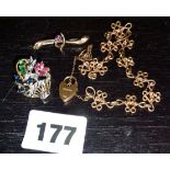 Gold flower brooch (marked 18k), 9ct gold bracelet with padlock clasp and another rose gold?