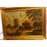 Large oil on canvas of the "Haywain" after Constable in gilt frame