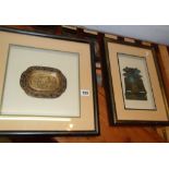 Mounted and framed Oriental white metal tray and similar bronze model of a Chinese gatehouse