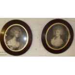 Pair of engraved portraits of ladies in oval oak frames