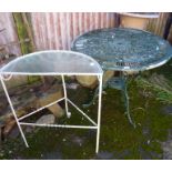 Metal garden table and glass-topped metal side shelf