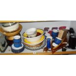 Blue Denby Stoneware cups and saucers, wooden items etc. (one shelf)