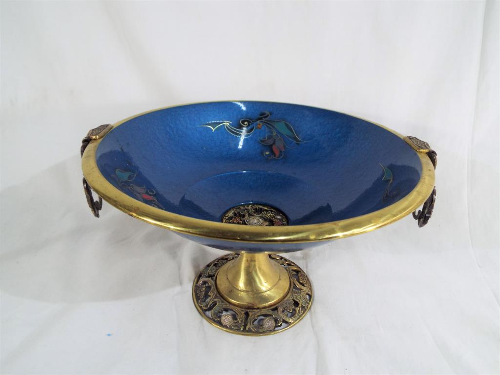 A good quality unusual enamelled brass pedestal bowl centrepiece,