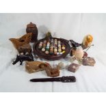 A good mixed lot to include a wooden solitaire base containing hardstone pieces, carved animals,