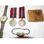 Two World War Two (WW2) British War medals with ribbons in official presentation box addressed to J