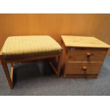 A pine two drawer bedside table and a upholstered stool