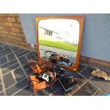 A large Danish teak framed 1970s wall mirror and three cameras to include a Zenit 3EHNT, cased,