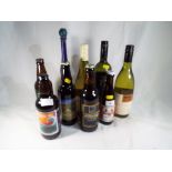 A collection of beer and wine to include