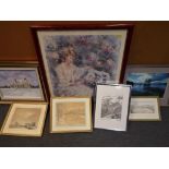 A good lot of seven framed pictures to include a print of a lady surrounded by flowers,