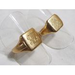 Two hallmarked 9 carat gold signet rings, approximate weight 8.07 grams.