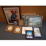 A mixed lot of pictures to include landscape scenes, an Oriental shell carved picture,