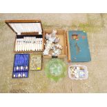 A good mixed lot to include a set of 6 fish knives and forks in wooden case, a uranium glass dish,