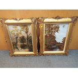 Two unusual paintings depicting woodland scenes painted partly onto glass to give added depth,