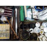 A mixed lot to include ceramic tableware, plated cutlery, tea cards, a Yashica camera,