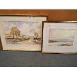 A watercolour depicting a landscape scene, mounted and framed under glass.