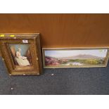 2 watercolours, one of which is framed under glass of a hill side scene measuring 59 cm x 20 cm.