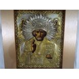 A late 19th, early 20th century Russian icon depicting St Nicholas, image size 25 cm x 20 cm .