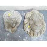 Stonework - a reconstituted stone wall plaque in the form of a lion and a further wall plaque in