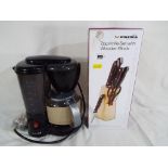 A Prima 7-piece knife set with wooden block (unused retail stock) and a coffee percolator, boxed.