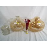 A pair of good quality vintage glass shades and a vintage vase and other (3)