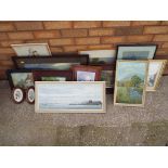 A quantity of 12 framed pictures of varying sizes to include, countryside scenes, harbour scenes,