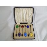 A set of 6 Edward VIII enamelled coffee spoons in case, Birmingham assay 1936.