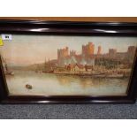 An early 20th century watercolour depicting a harbour scene with a fortress in the distance,