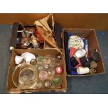 Three boxes containing a mixed lot to include vintage jars, Royal commemorative, vintage cameras,