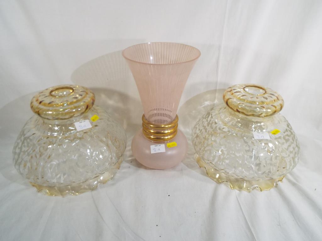 Two good quality glass lamp shades and an Art glass vase (3)