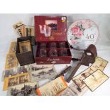 A stereoscope with in excess of 50 stereoscope cards, a set of six Enchante whisky tumblers,