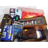 A good mixed lot to include a mini pool table, a wooden glass fronted display box for wine,
