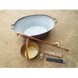 A galvanised tin bath, a brass jam pot, a brass ornamental head in the form of a cat,