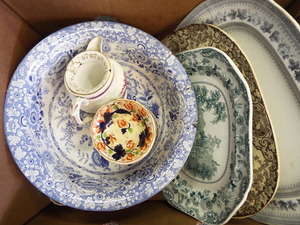 A box of mixed sundry china, meat plates and similar.