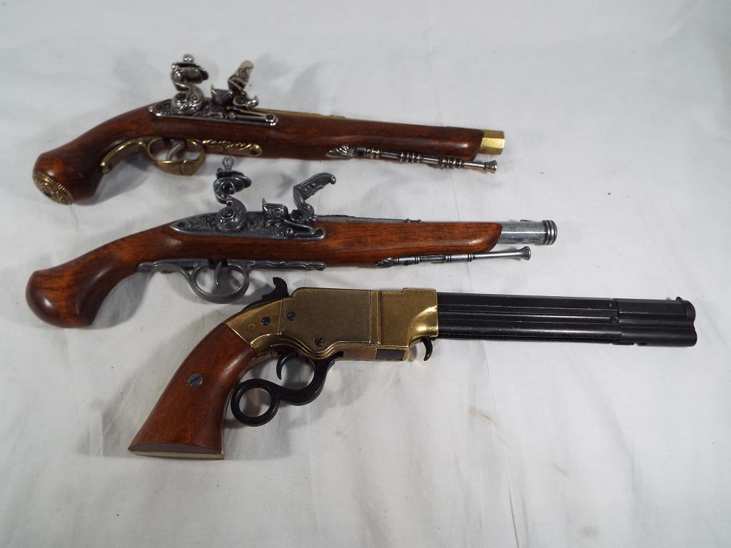 Two Replica Flintlock pistols and a Replica rare Volcanic repeating under lever pistol - Image 2 of 2