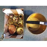 A good lot to include a large brass jam pan, a quantity of brass and copper ware to include,