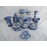 Wedgwood Jasper Ware - a collection of twelve ornamental ceramic pieces finished in powder blue to