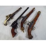 Four replica pistols to include a Colt long barrel single action Buntline pistol.