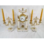 A good white marble portico clock set, the clock with white enamel dial, floral swags,