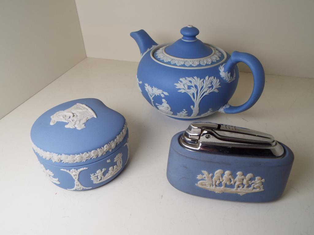 Wedgwood Jasperware - three pieces comprising a lidded teapot,