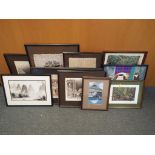 A quantity of ten pictures, prints and pencil sketches of varying sizes,