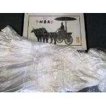 A good lot to include a vintage wedding dress and an Oriental print depicting a man riding a horse