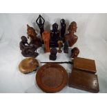 A quantity of various tourist ware collectables to include hardwood carved busts, boxes,