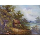 A oil on canvas depicting a landscape scene, gilt framed, signed lower left I.