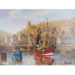 An oil on canvas depicting Brixham Harbour signed by the artist lower right, gilt famed,