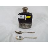 A silver plated and glass Victorian hip flask and two silver teaspoons,