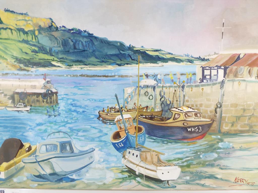 A framed oil on canvas of a harbour scene by Carrie Bolger,