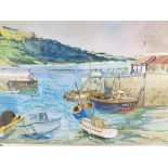 A framed oil on canvas of a harbour scene by Carrie Bolger,