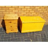 A good quality three drawer pine bedside cabinet and a pine blanket box
