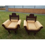 A matched pair of Indian carved teakwood armchairs with upholstery - [2]